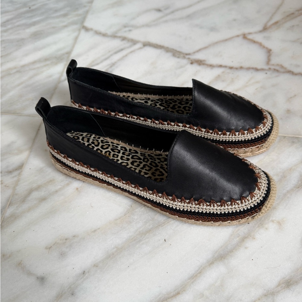 Chico’s Crochet Slip On Flats Black Leather Platform Size 9 - STYLE: 570366997